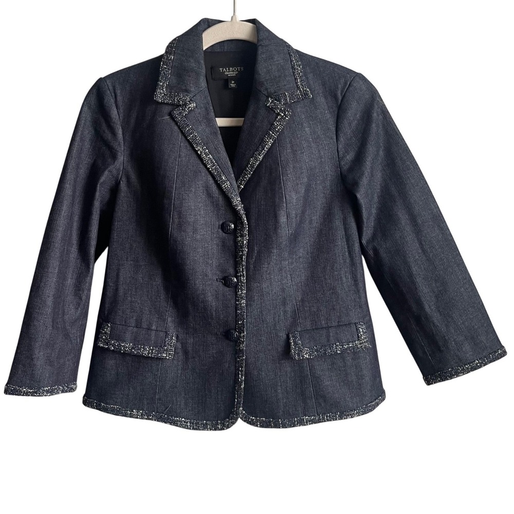 Talbots Denim Blazer SZ 2P Dark Wash Tweed Trim Classic Old Money Jacket